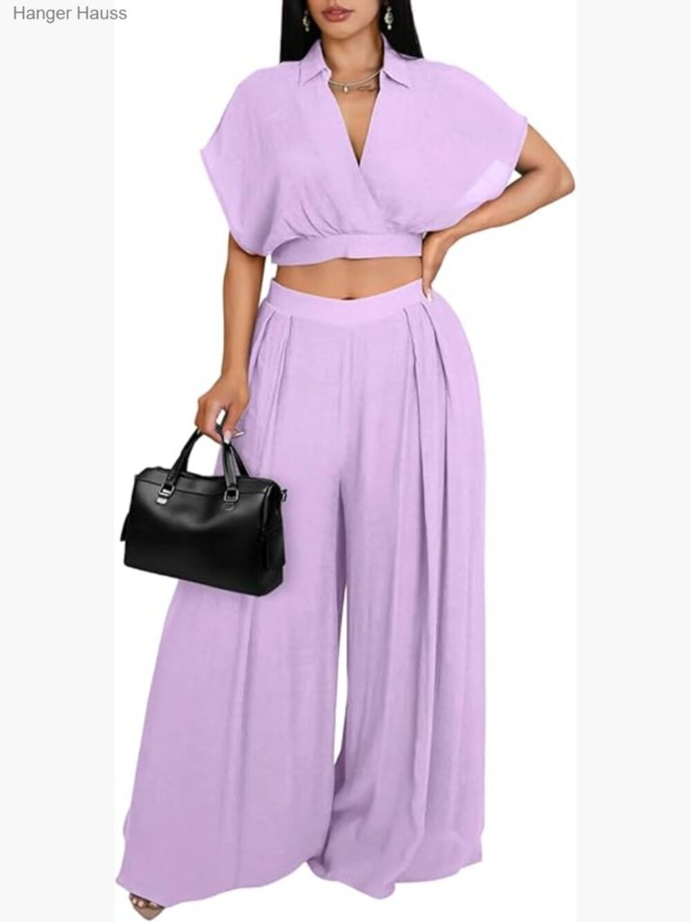V Neck Crop Top Batwing Sleeve Flowy Wide Leg Pants Set Summer Travel Outfits